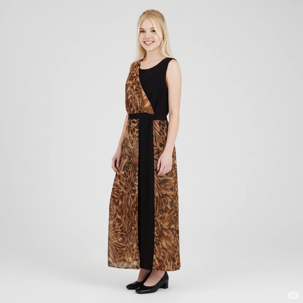 Antthony Original Women Black Brown Butterfly Print Overlay Maxi Dress Medium